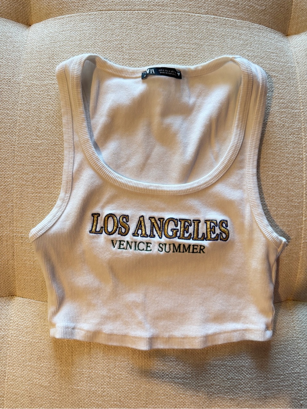 Zara White Ribbed 'Los Angeles Venice Summer' Cropped Tank - Picture 2 of 3